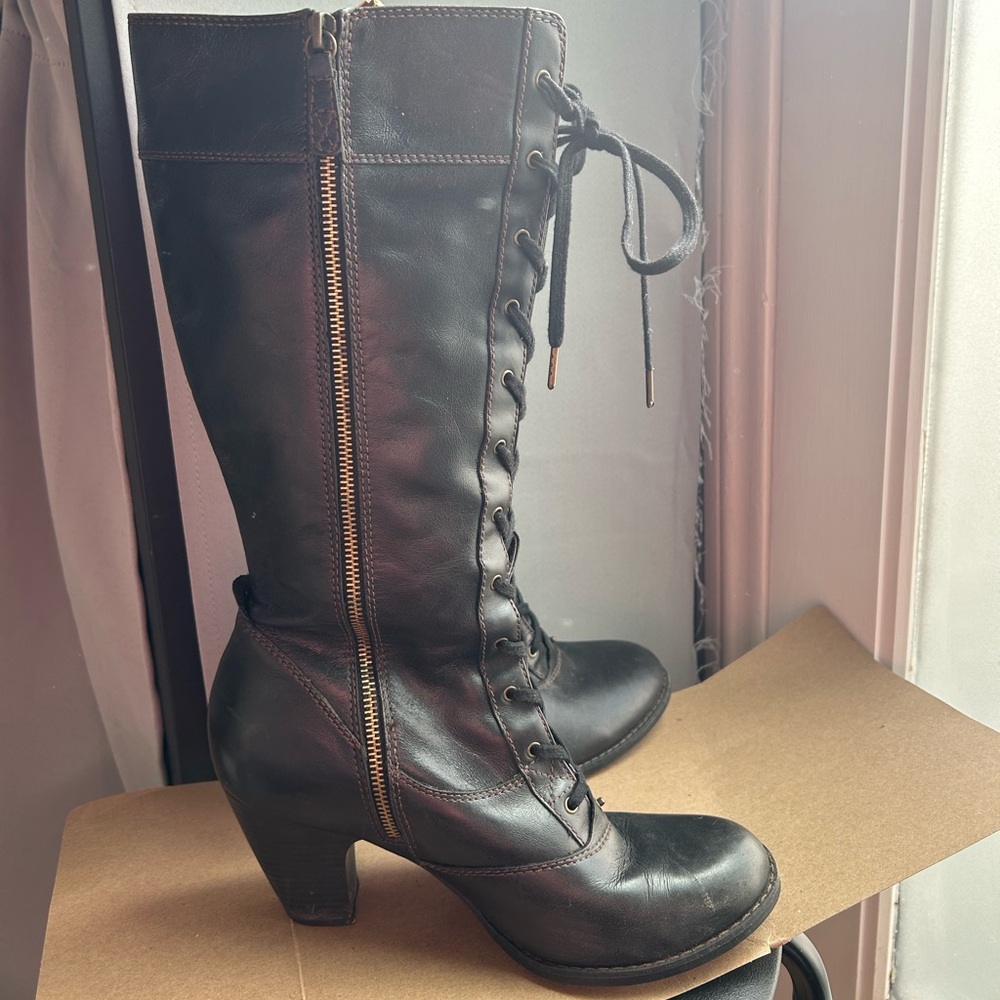 Indigo Black Lace Up Zip Up Calf Leather Boots